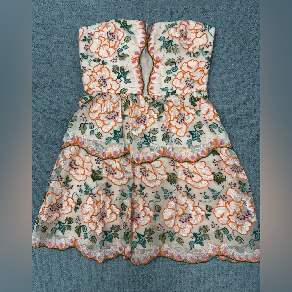BCBGMaxAzria Cream Dress with Orange and Green Embroidery